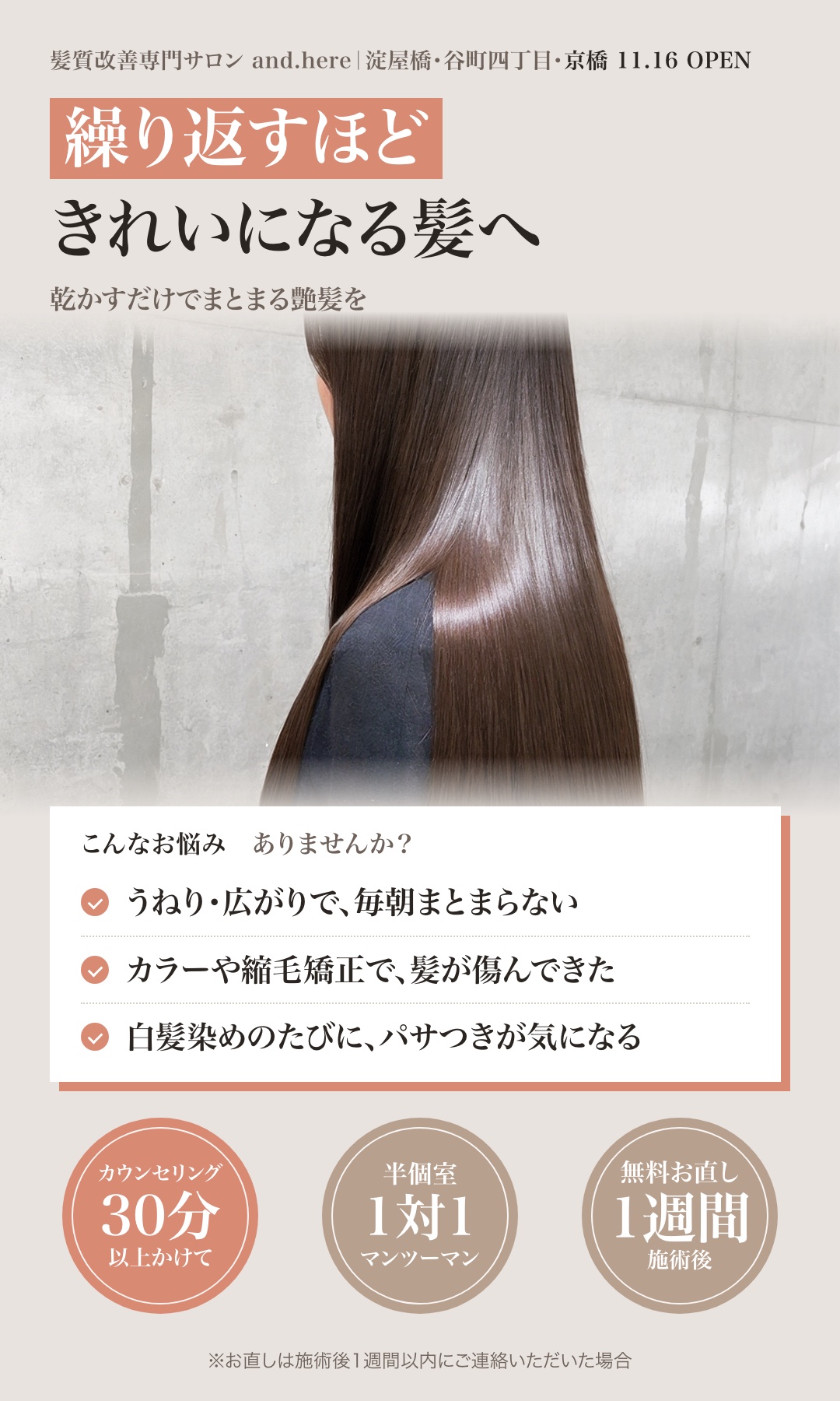 繰り返すほど、きれいになる髪へ。うねり・広がり、カラーや縮毛矯正のダメージ、白髪染めのパサつきに。カウンセリング30分以上、半個室マンツーマン、施術後1週間の無料お直し。淀屋橋・谷町四丁目・京橋11.16OPEN